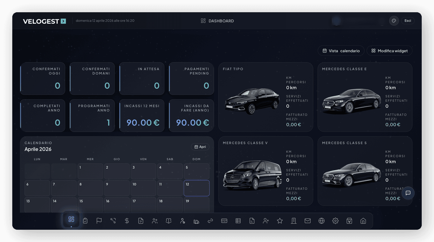 Dashboard VELOGEST con flotta e calendario