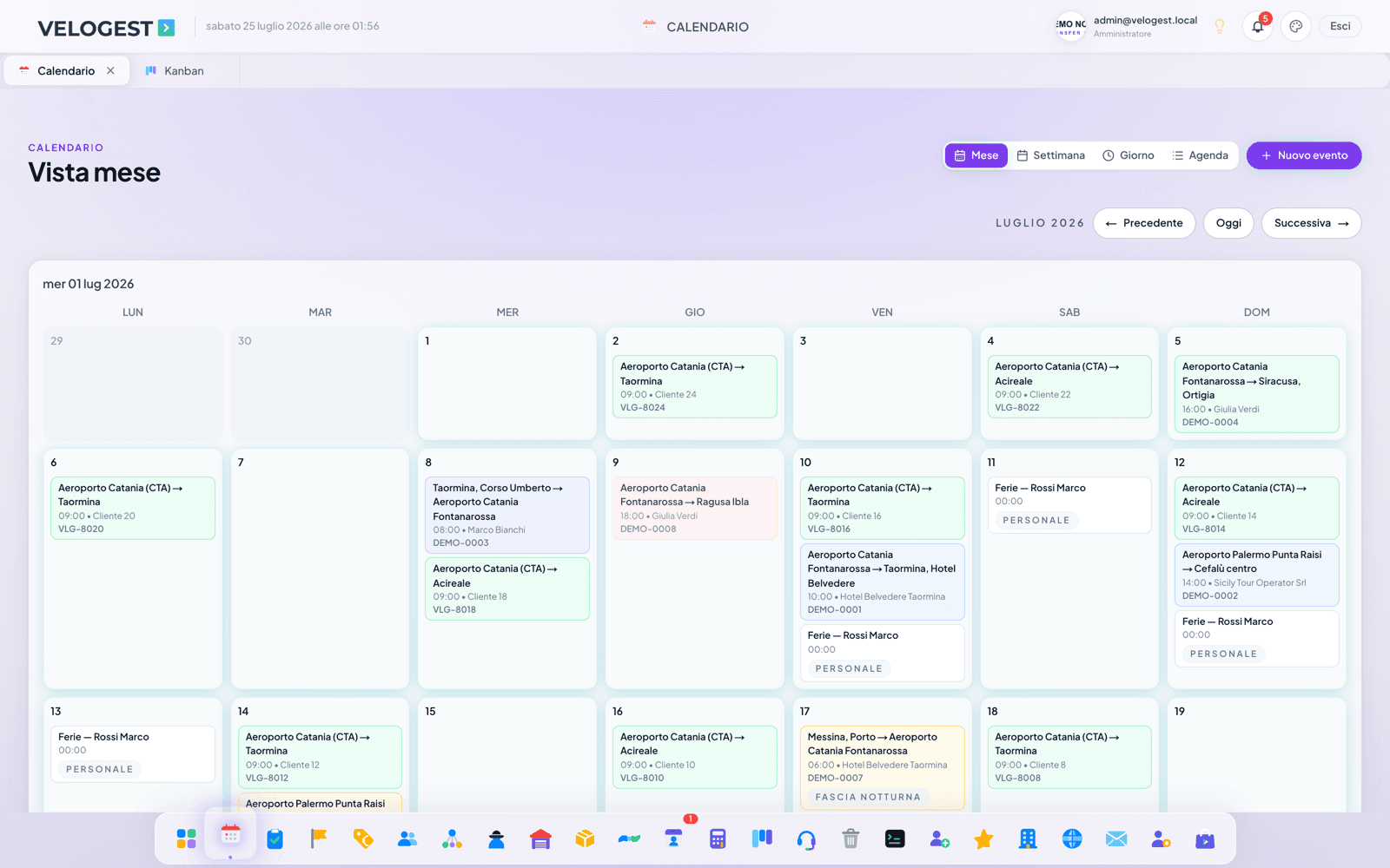 Calendario mensile con i servizi programmati